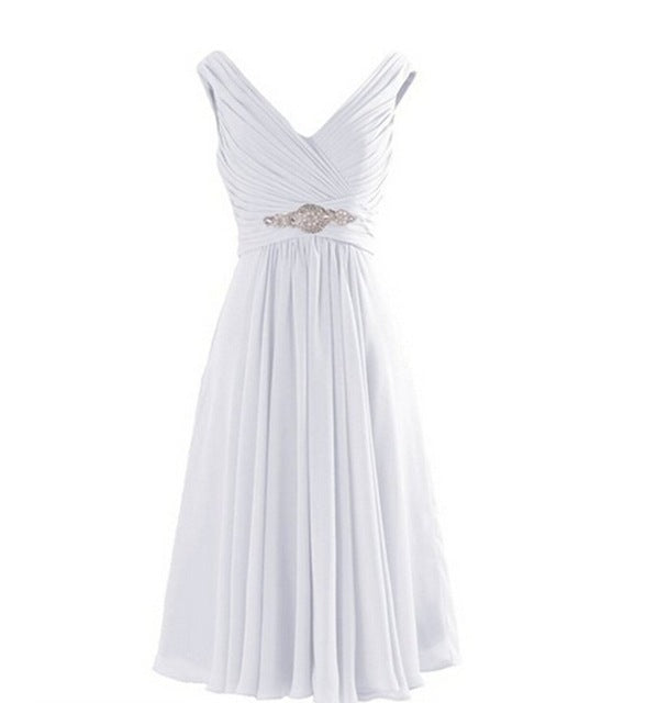 Elegant evening dress online in white with a stylish ruched design and jeweled waistband