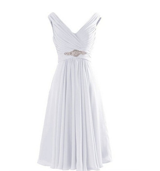 Elegant white evening dress online with a flattering V-neck and embellished waist detail