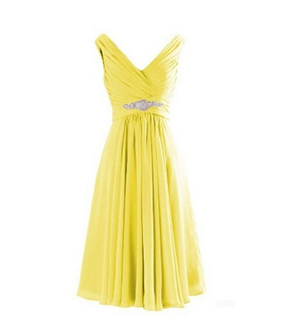Elegant yellow evening dress online with a flattering V-neck and embellishments at the waist