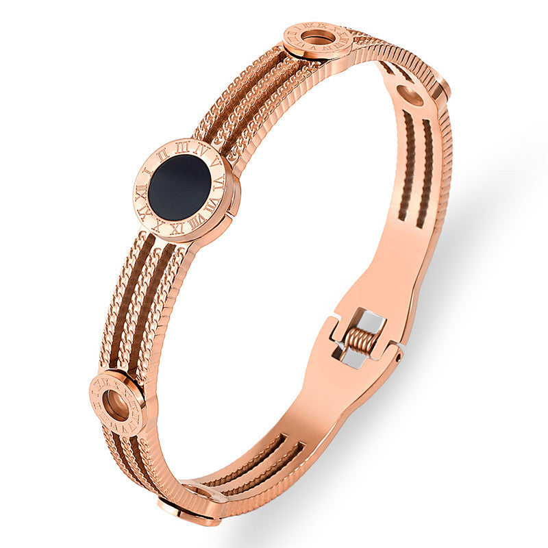 Stylish rose gold fashionable steel bracelets online with a sleek design and black accent
