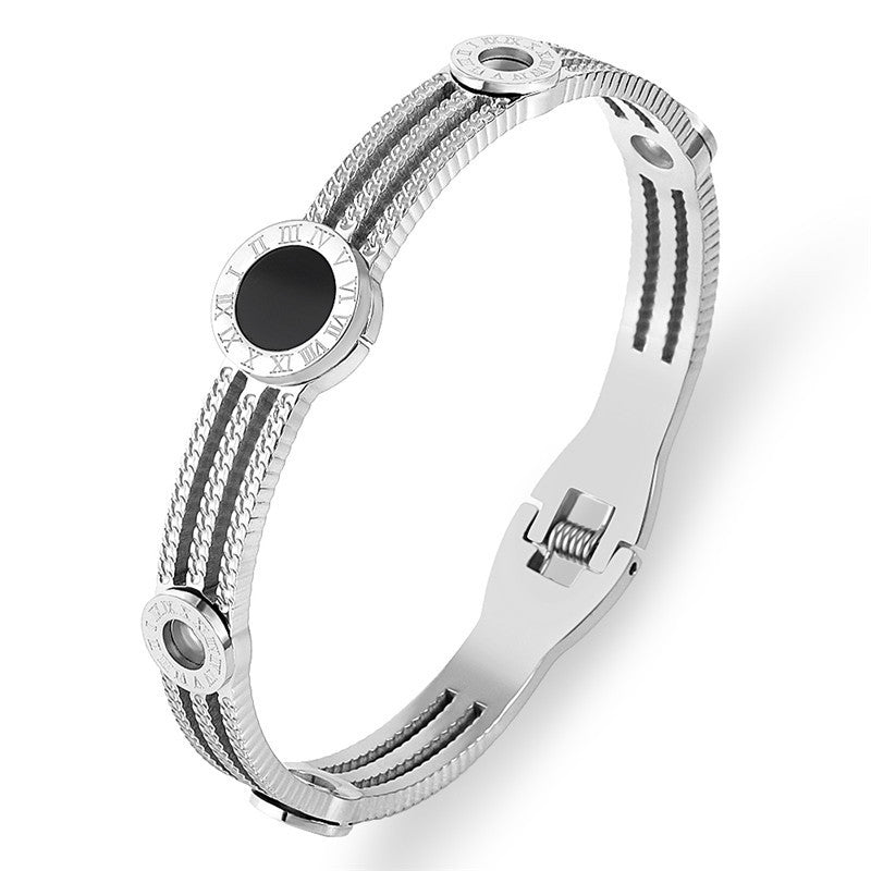 Stylish fashionable steel bracelets online with intricate design and black accents for modern outfits