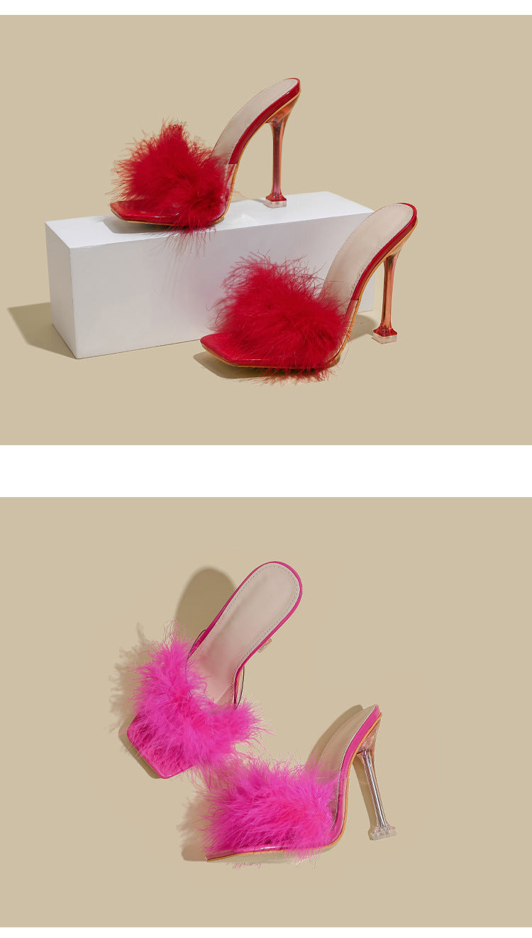 Furry Transparent Broadband Crystal Heel Stiletto