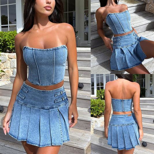 Women's Tube Top Denim Sleeveless High Waist Skirt Suit
