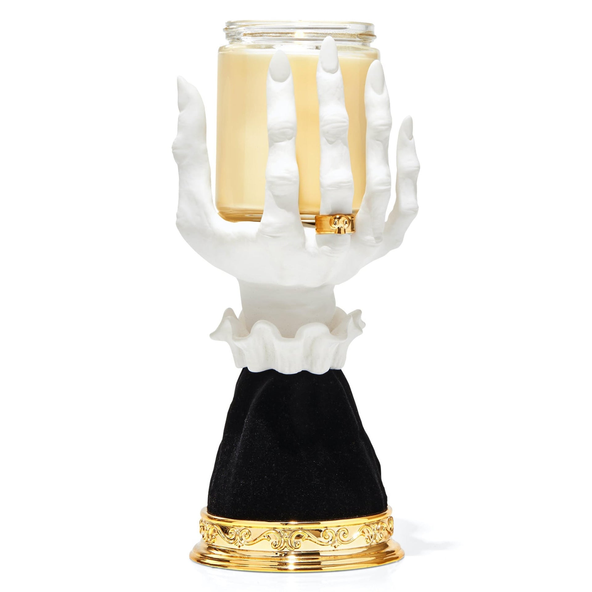 Unique Halloween seat candlestick featuring a hand holding a jar with elegant black and gold base
