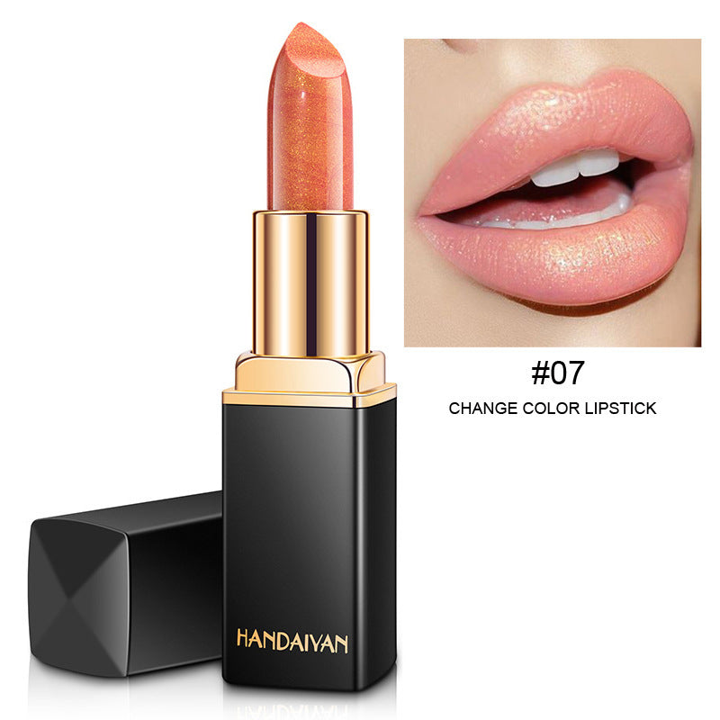 Handaiyan #07 color-changing lipstick in a sleek gold and black tube with a soft peach shade