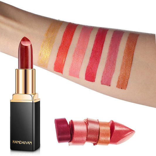 Color-changing lipstick swatches displaying vibrant shades on skin with the lipstick tube beside them