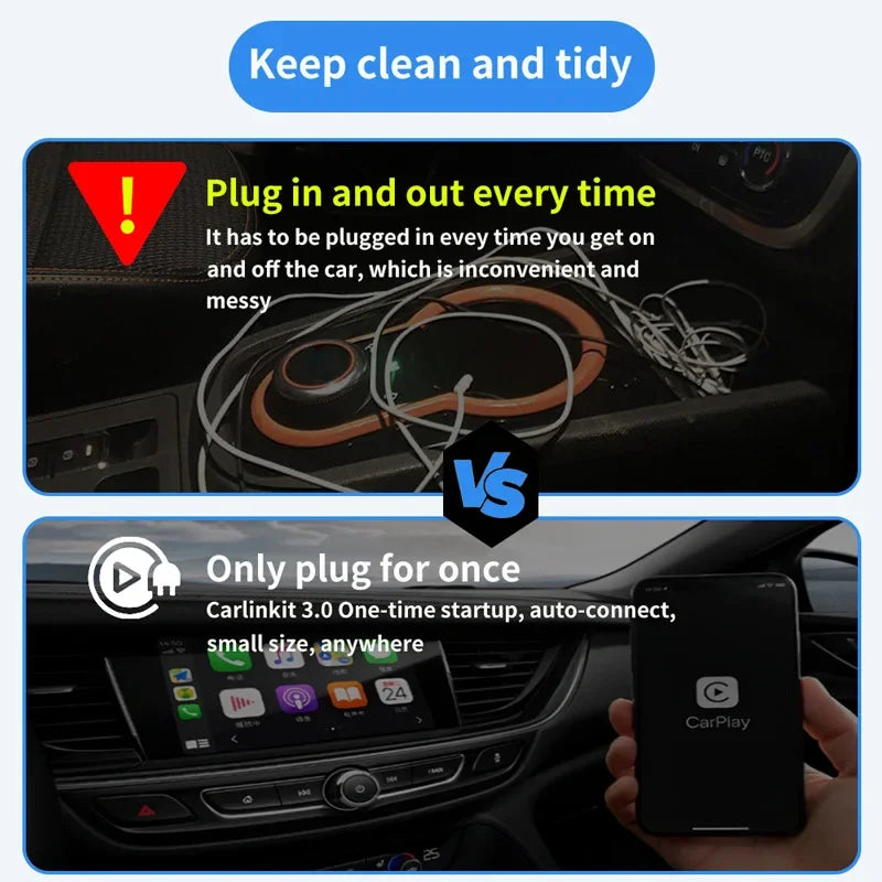 Wireless CarPlay adapter showcasing easy plug-and-play functionality for a tidy car interior