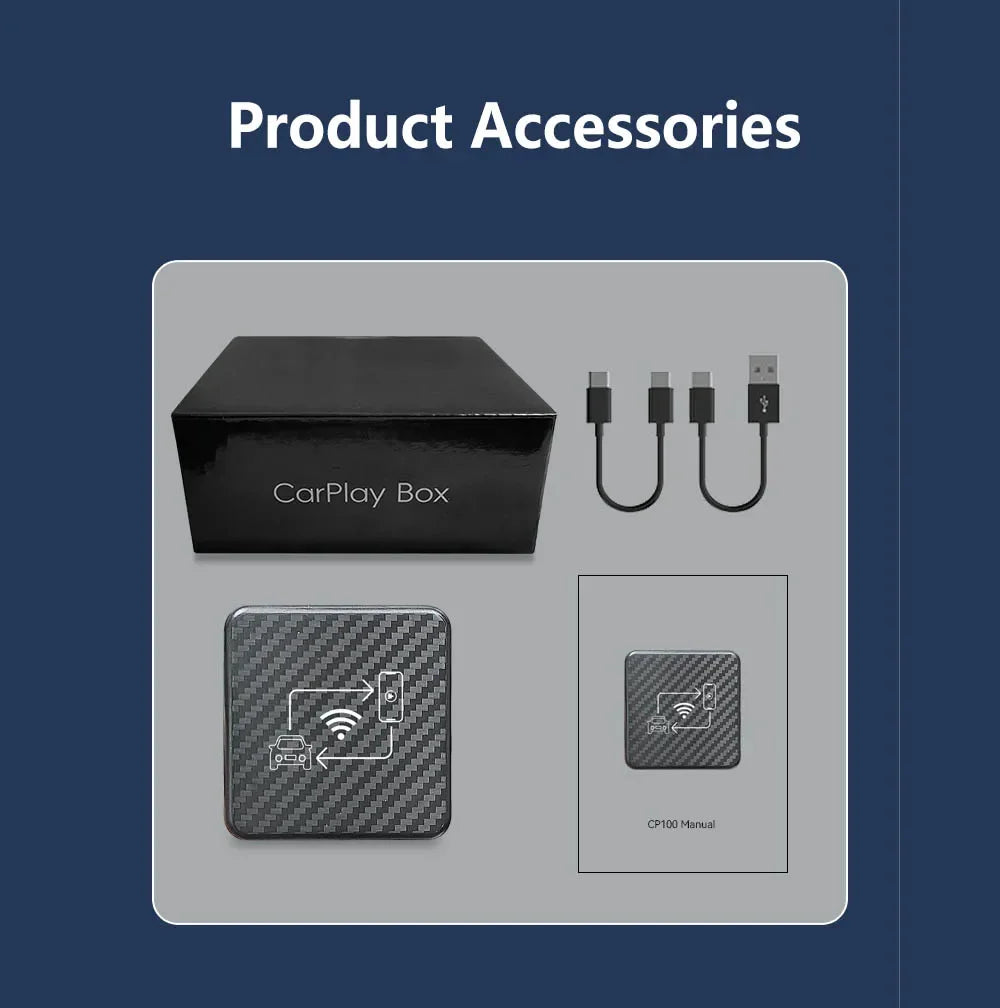 Wireless CarPlay adapter with USB cable and packaging for seamless connectivity in cars