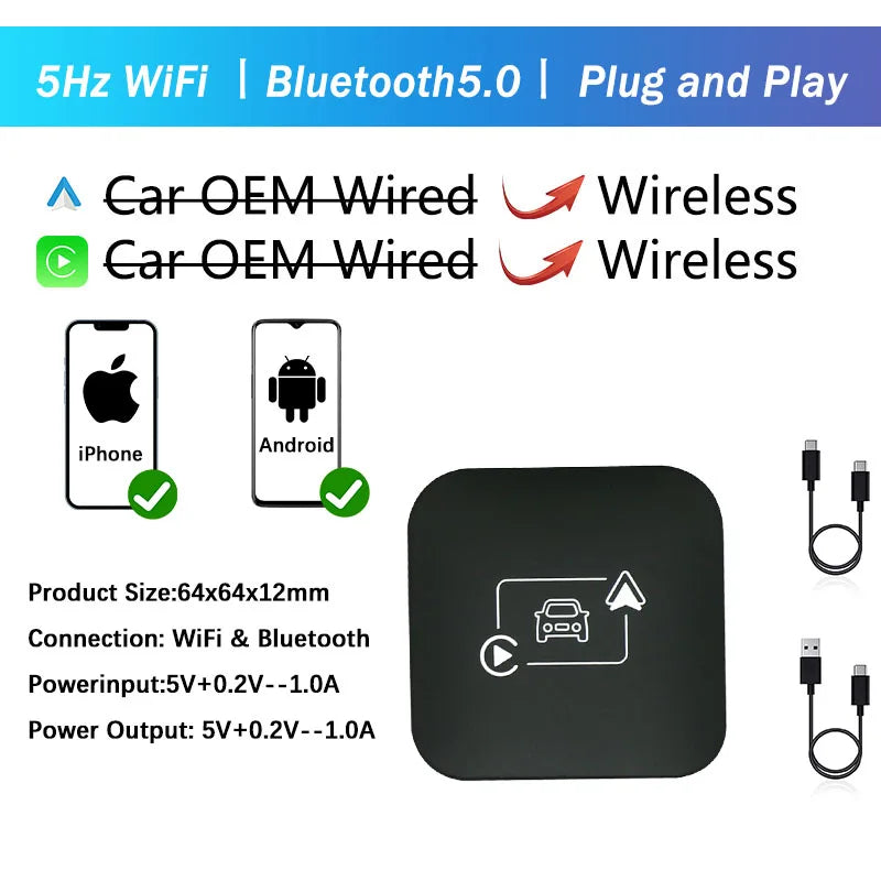 Wireless CarPlay adapter for seamless connection to iPhone and Android with plug and play functionality