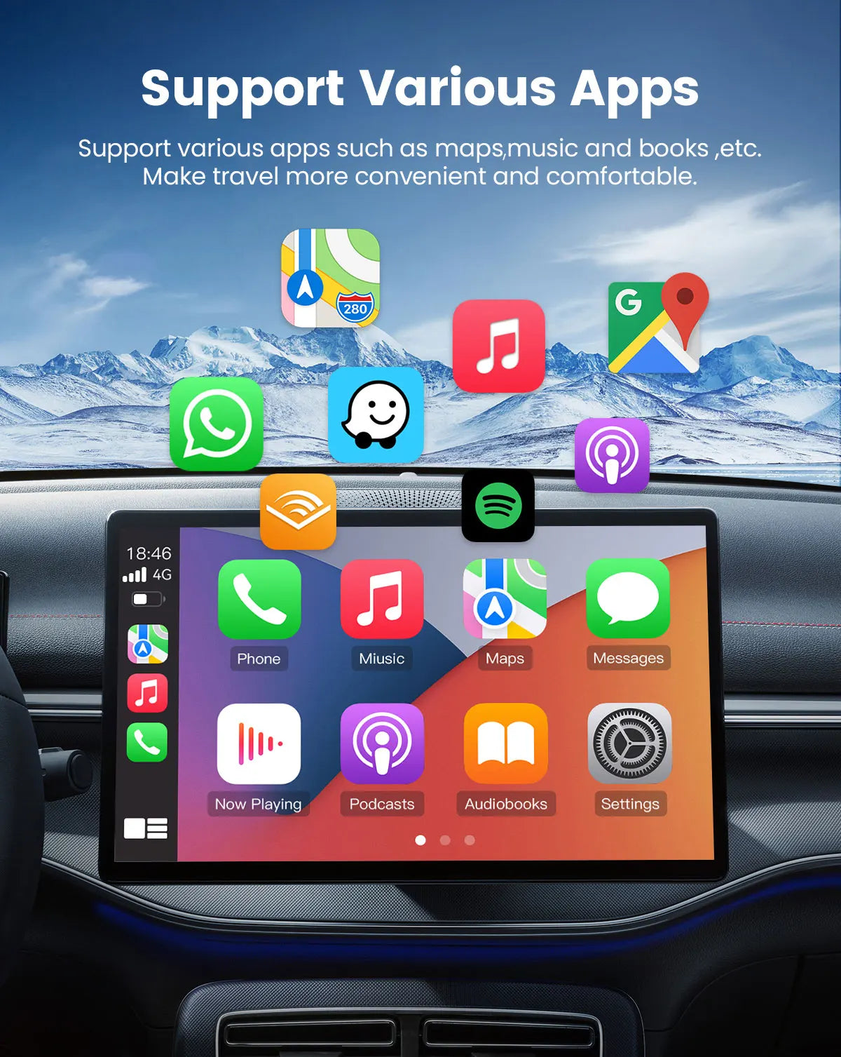 Wireless CarPlay adapter supporting various apps like maps, music, and messages for convenient travel