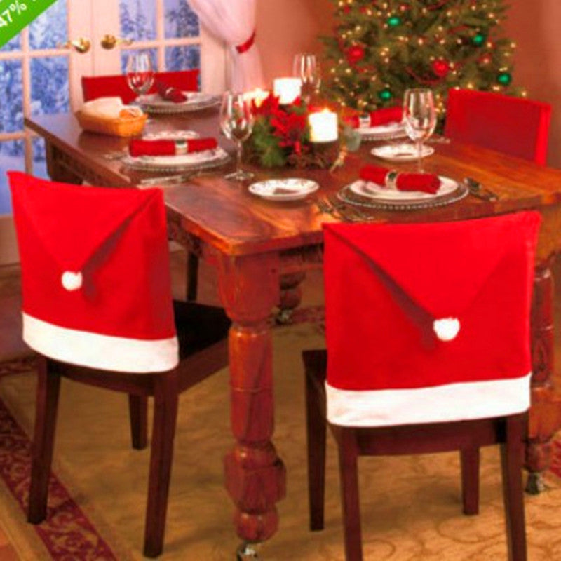 High quality Christmas chair covers in red with white trim and pom-pom, perfect for holiday dining decor