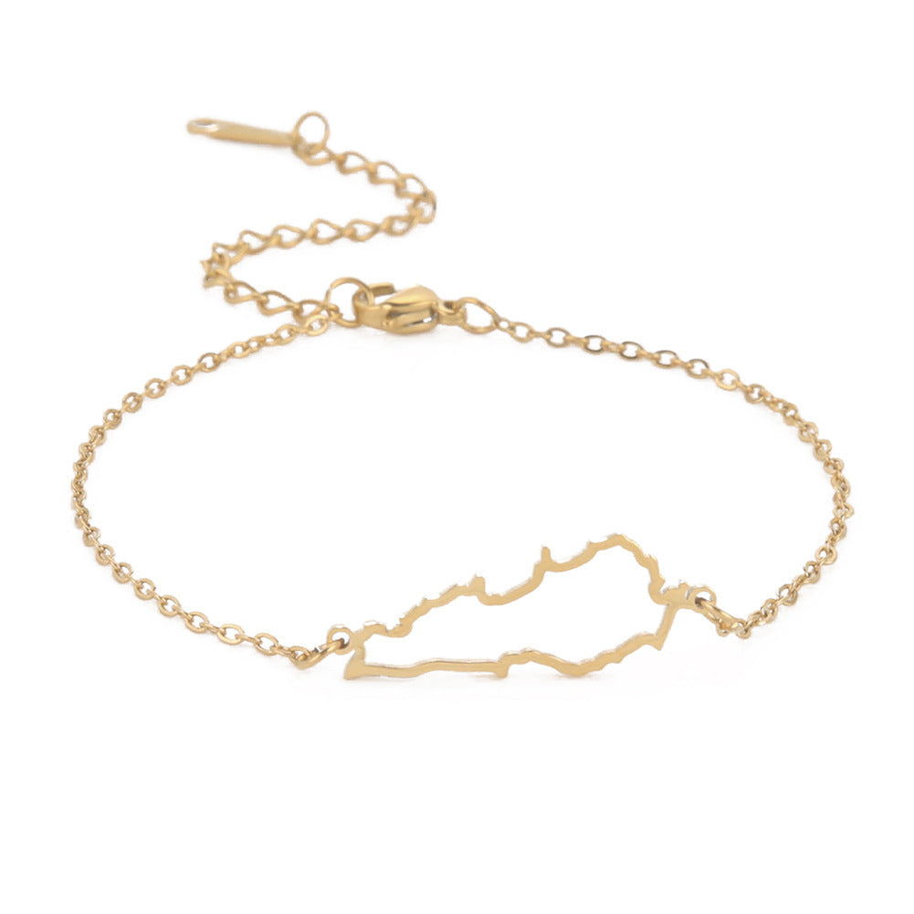 Hollow Lebanon map bracelet in gold, featuring a delicate chain and adjustable clasp for a chic look
