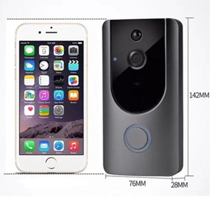 Home security doorbell camera next to a smartphone for size comparison and features overview