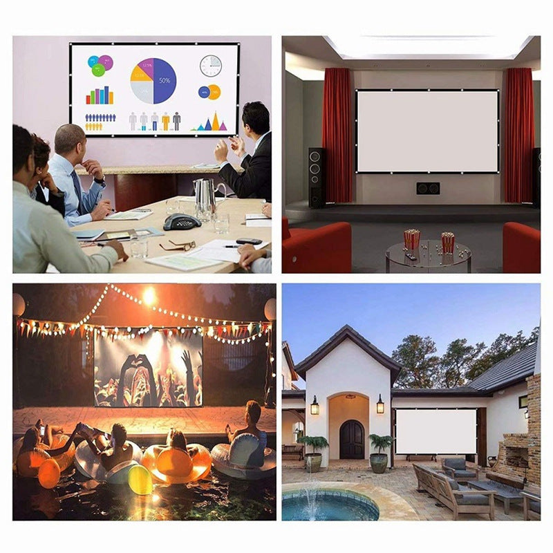 Various settings showcasing a home theater projector screen for presentations and outdoor movies