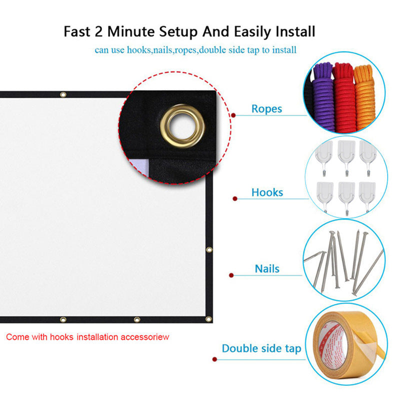 Home theater projector screen with fast setup accessories like hooks, nails, and ropes for easy installation