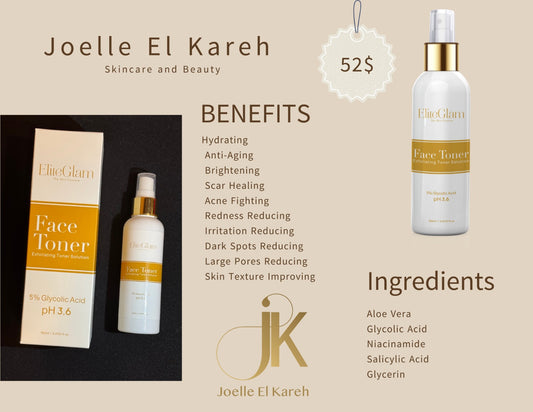 Elite Glam anti-aging toner in a stylish bottle, promoting hydration and skin rejuvenation benefits