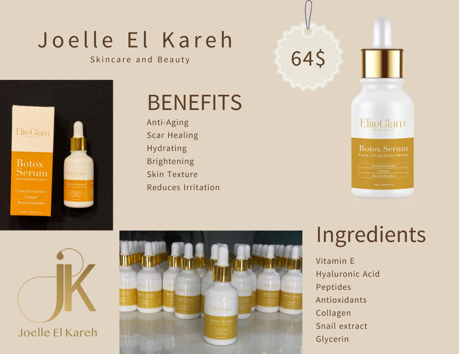 Elite Glam anti-aging toner with hydrating benefits featured in an elegant packaging layout