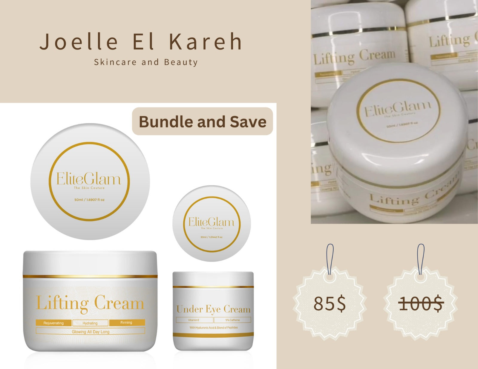 Elite Glam anti-aging toner featured in a skincare bundle with lifting cream and under eye cream