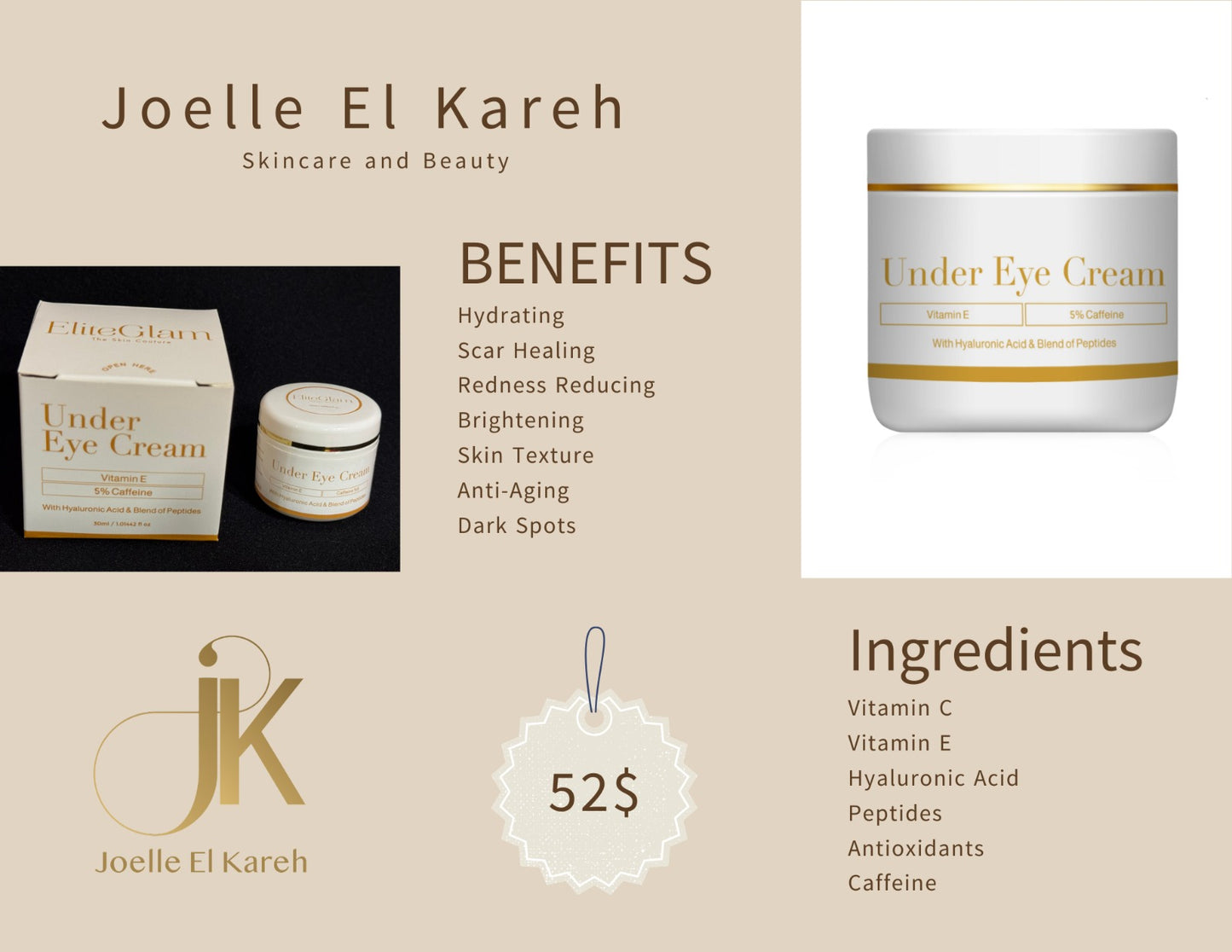 Joelle El Kareh Under Eye Cream with Vitamin C and E for skin healing and anti-aging, priced at 52 dollars.