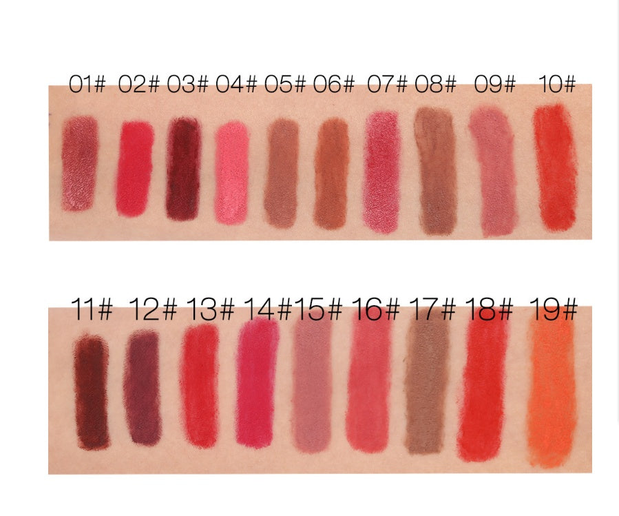 Swatches of kissproof lipstick matte shades displayed on skin with numbered labels for easy identification