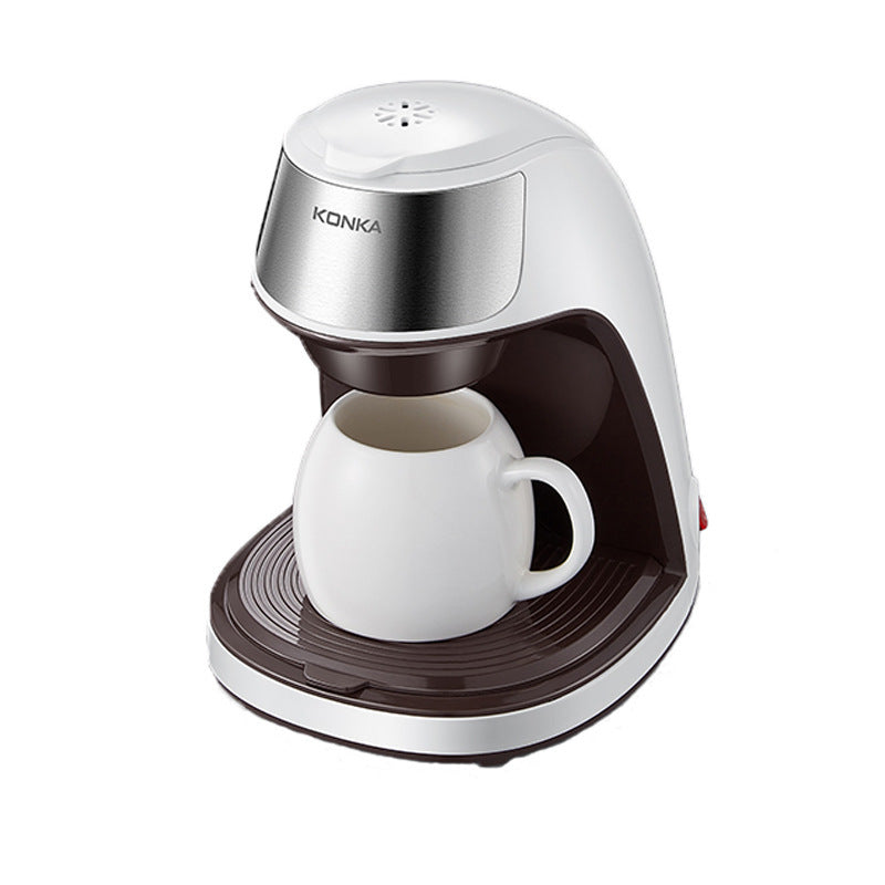 KONKA automatic coffee maker machine in white with a sleek design brewing coffee into a white mug