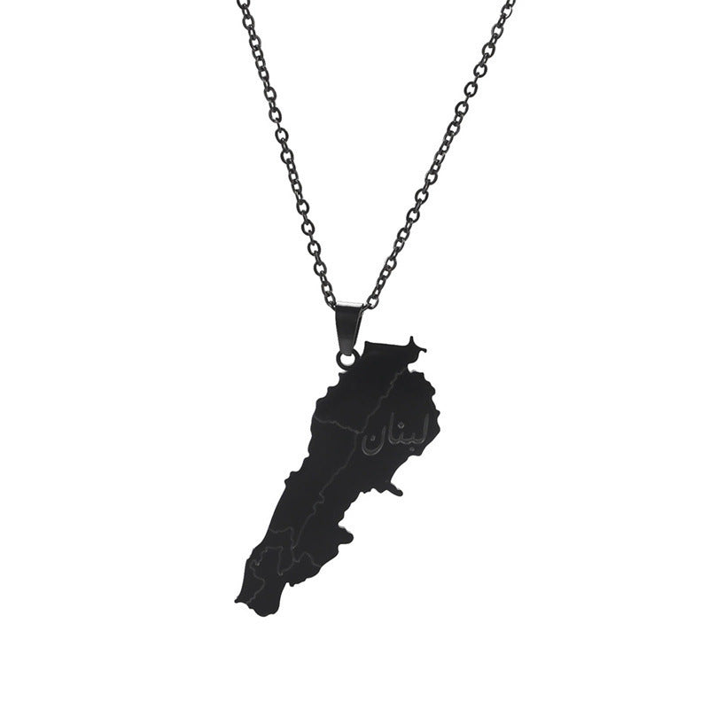 Lebanon map necklace in black, featuring detailed outline and chain for stylish accessorizing