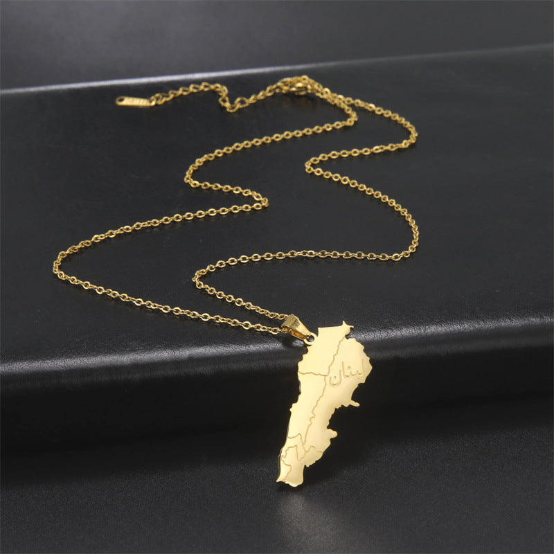 Gold Lebanon map necklace on a delicate chain, a stylish accessory for geography lovers