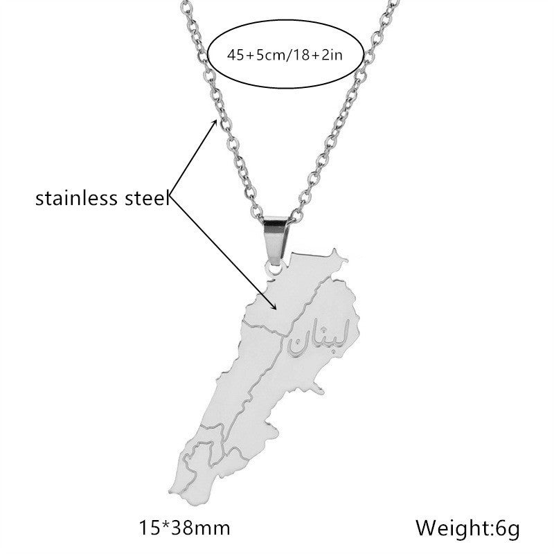 Stainless steel Lebanon map necklace with detailed engraving and 18 inch chain length