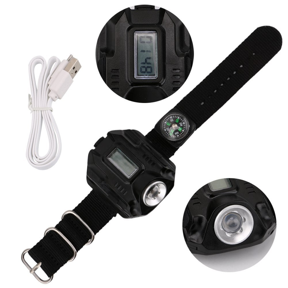 Black LED flashlight wristwatch with digital display and compass, ideal for outdoor activities