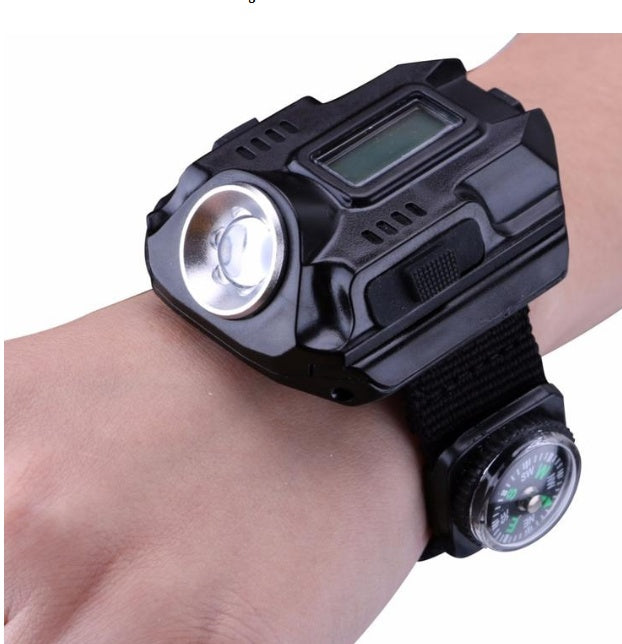 LED flashlight wristwatch with digital display and compass for outdoor adventures