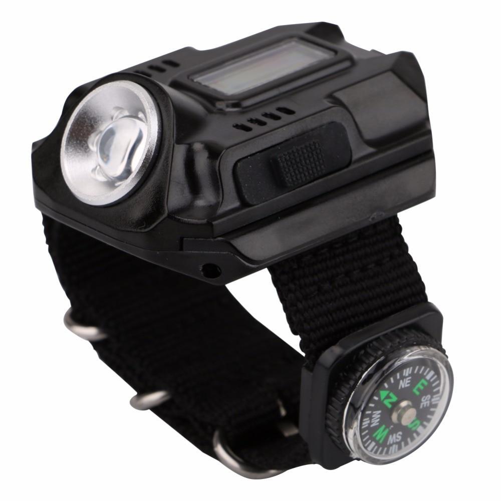 Black LED flashlight wristwatch with digital display and built-in compass for outdoor activities