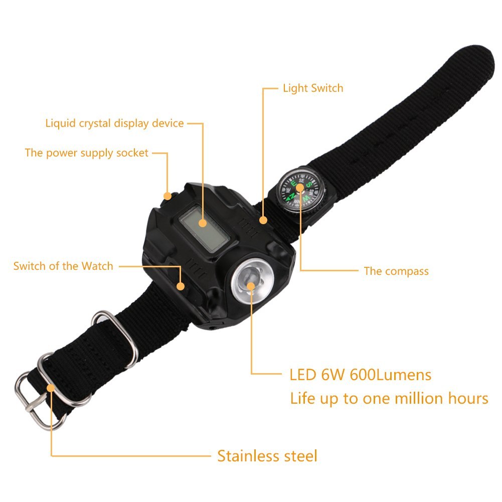 LED flashlight wristwatch with compass, liquid crystal display, and durable stainless steel design