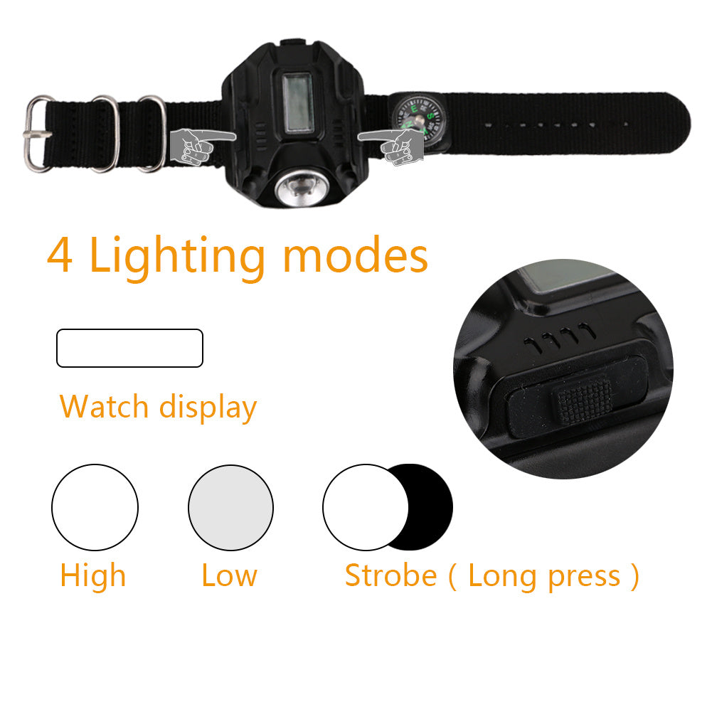 Multi-functional LED flashlight wristwatch with four lighting modes and a compass for outdoor activities