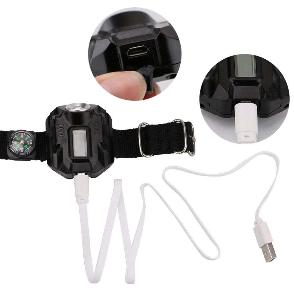 LED flashlight wristwatch with USB charging and built-in compass for outdoor adventures
