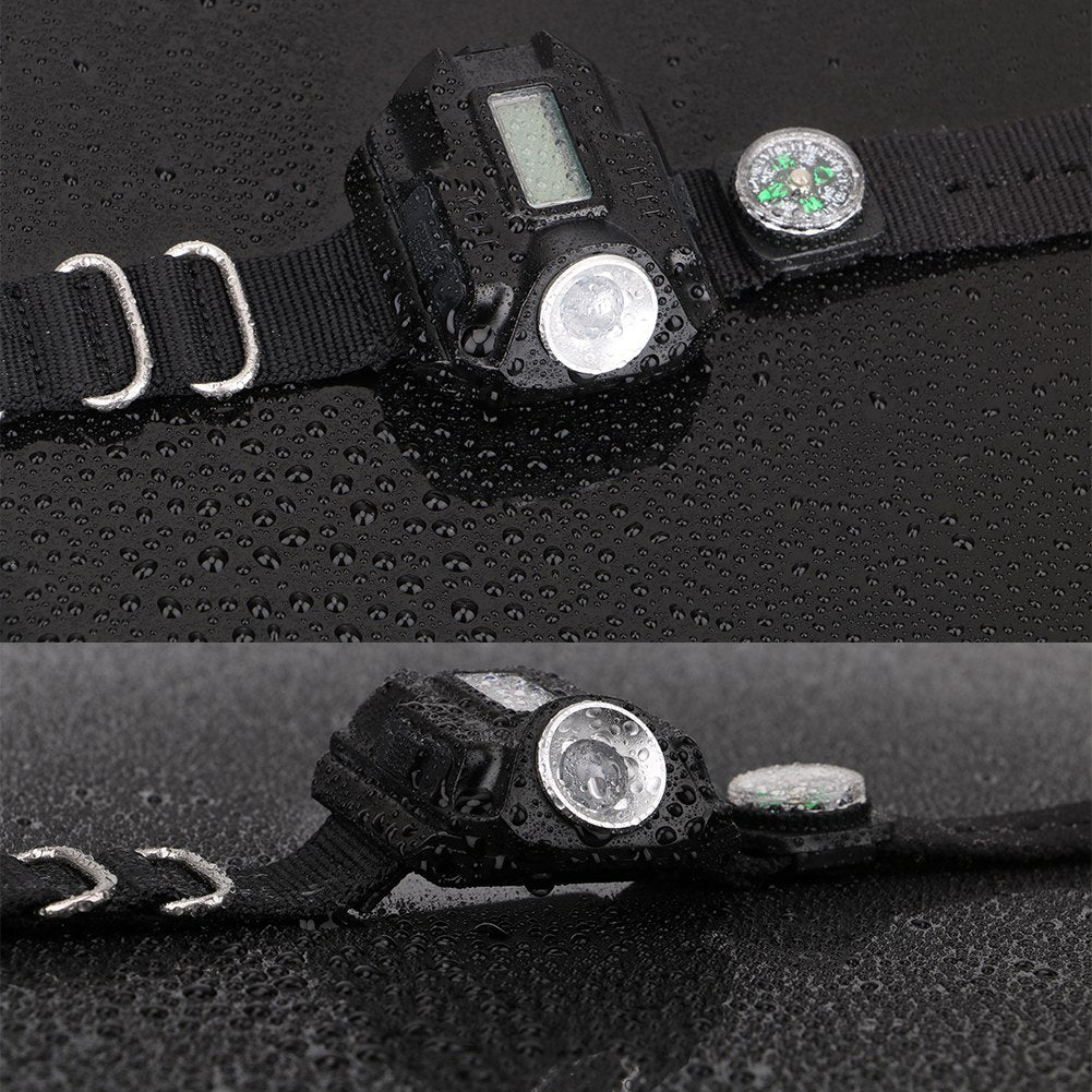Waterproof LED flashlight wristwatch with compass feature and adjustable strap for outdoor activities