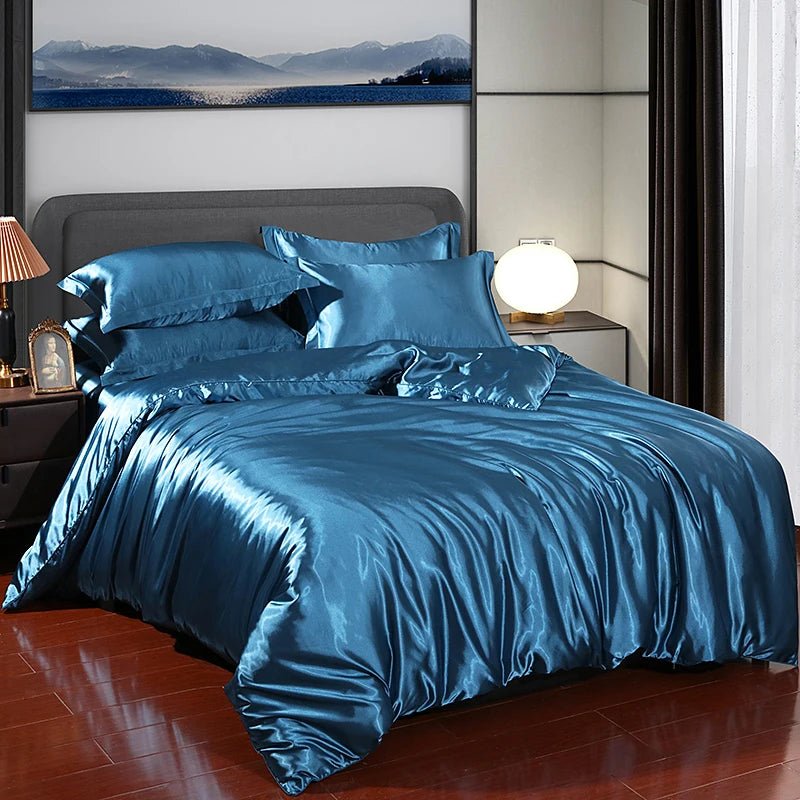 Luxury satin bedding set in teal color showcasing a smooth and elegant design for your bedroom