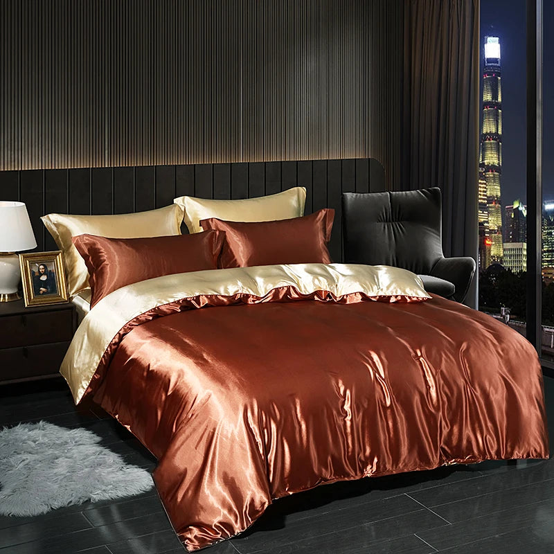 Luxury satin bedding set in rich amber color adds elegance to modern bedroom decor