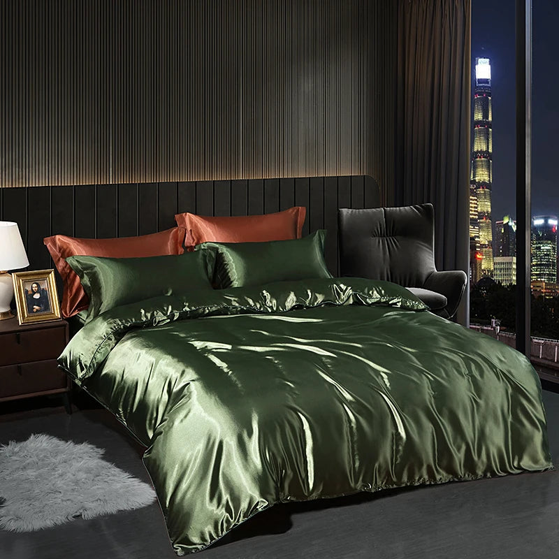 Luxury satin bedding set in deep green color with matching pillows for elegant indoor decor