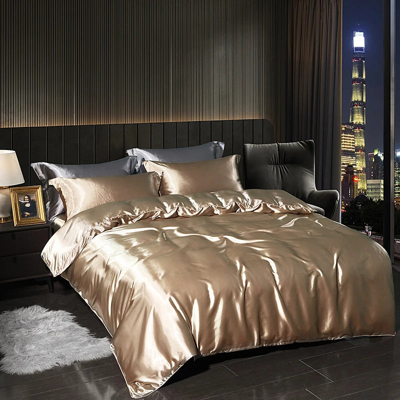 Luxury satin bedding set in elegant gold color, enhancing modern bedroom decor with soft textures