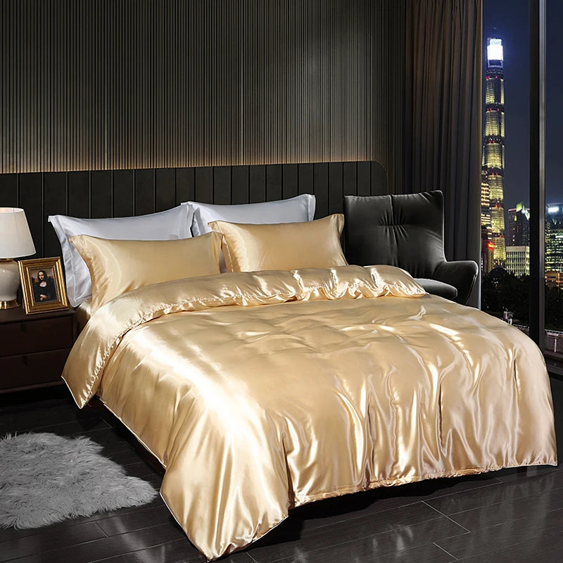 Elegant luxury satin bedding set in gold color, enhancing indoor bedroom decor with a stylish look