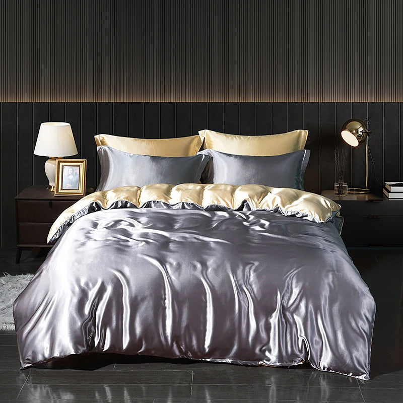 Luxury satin bedding set in gray and gold colors with elegant finish for a stylish bedroom oasis