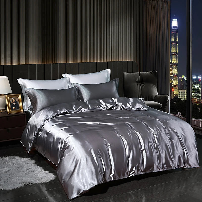 You Buy For Me luxury satin bedding set in silver with a sleek, elegant design for a sophisticated bedroom decor