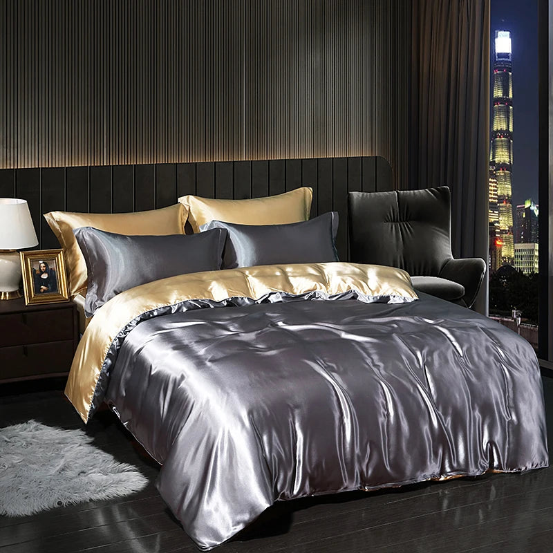 Luxury satin bedding set in gray and gold tones for a sophisticated bedroom feel