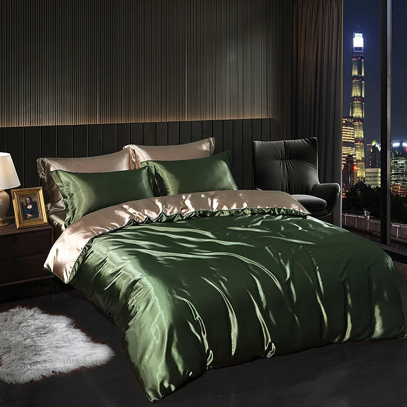 Elegant luxury satin bedding set in green and gold, enhancing modern indoor decor for a stylish bedroom