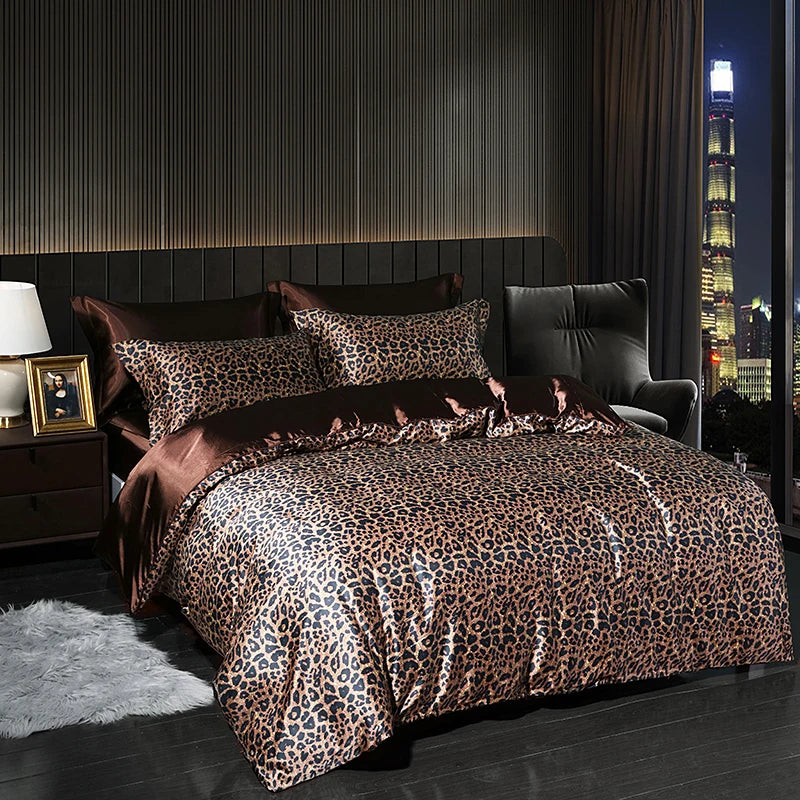 Luxury satin bedding set in leopard print design for a stylish bedroom makeover