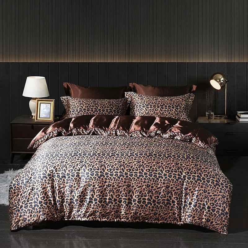 Luxury satin bedding set featuring a stylish leopard print design for elegant bedroom decor