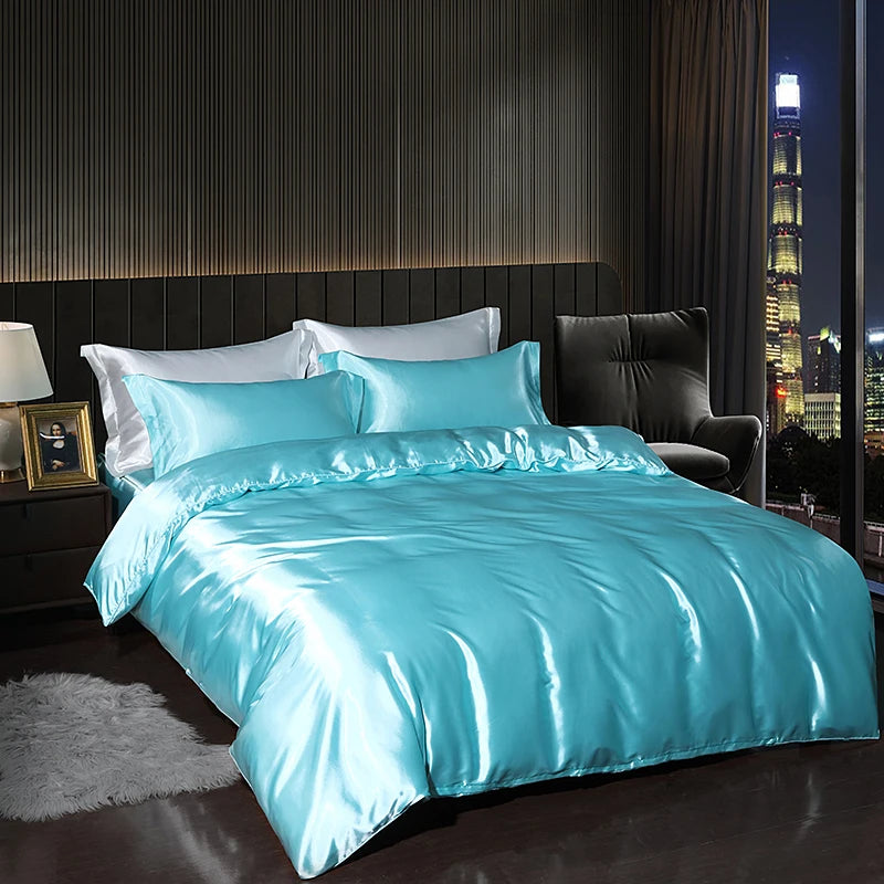 Luxury satin bedding set in vibrant turquoise, enhancing your indoor bedroom's elegance and comfort