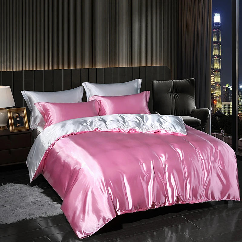 Luxury satin bedding set in pink and white with sleek design for elegant bedroom decor