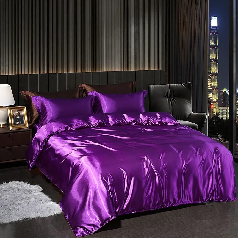 Luxury satin bedding set in purple color perfectly styled for a modern bedroom decor