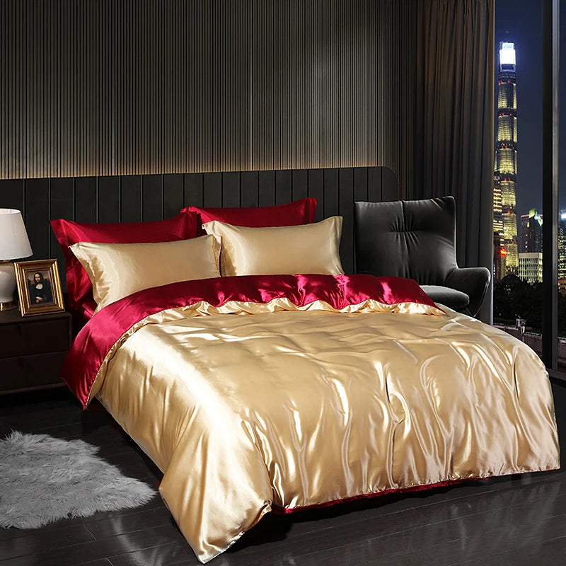 Luxury satin bedding set in gold and red, enhancing your indoor bedroom decor